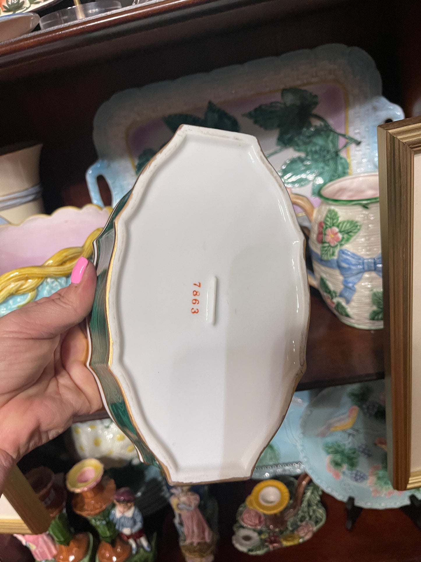 Vintage Green Malachite-Style Jardinière Planter | Gold Trim Cachepot