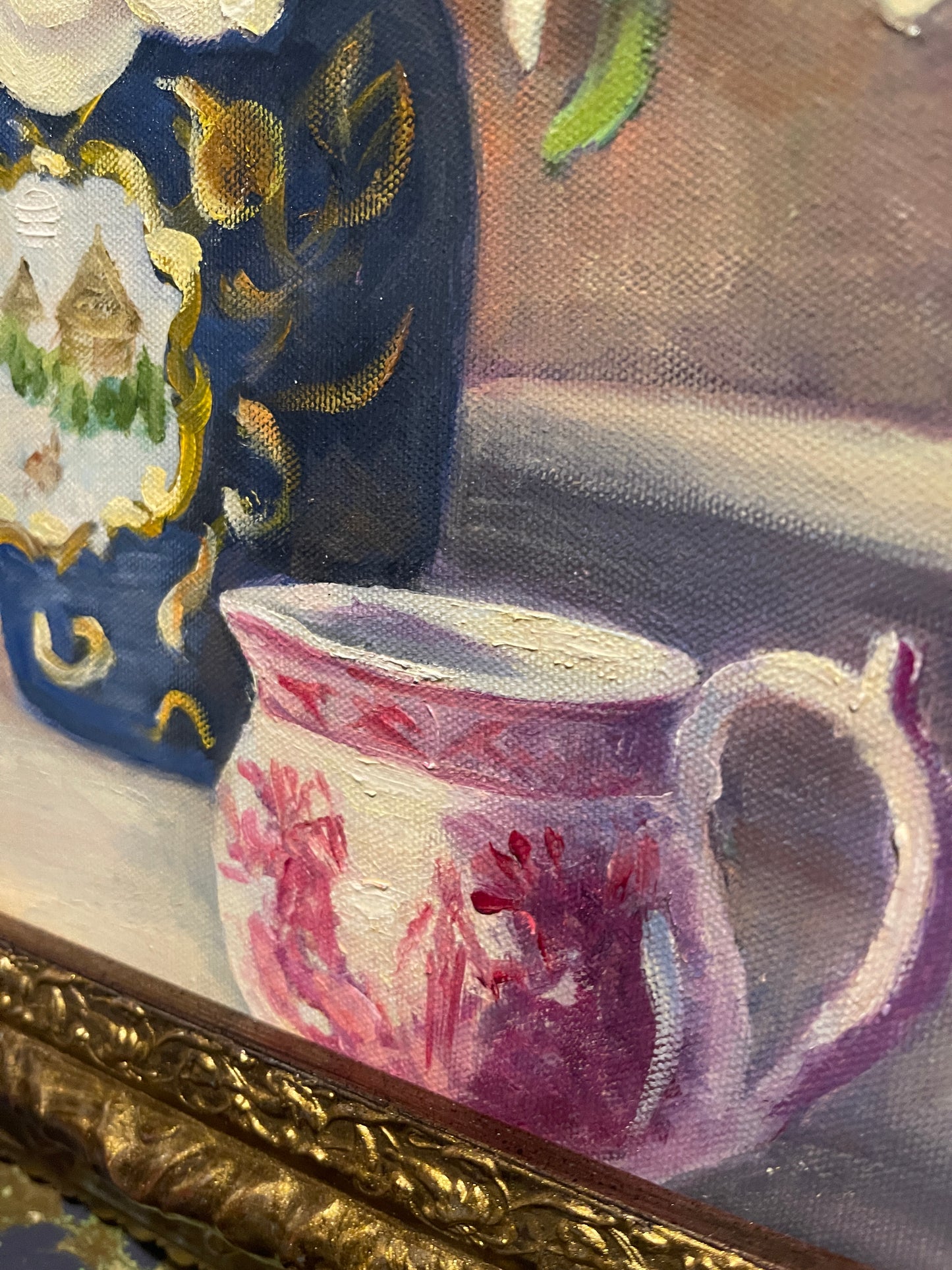 Vintage Floral Still Life Oil Painting — White Blooms in Chinoiserie Vase with Pink Teacup, Ornate Gilt Frame