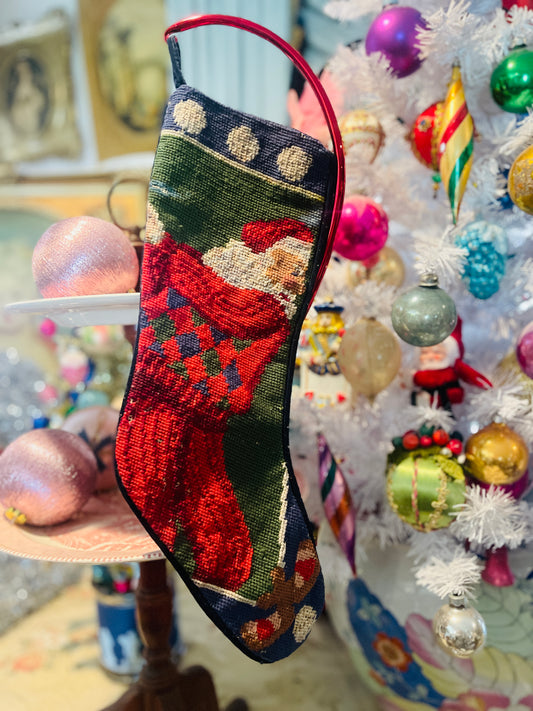 Vintage Santa Playing Golf Needlepoint Christmas Stocking