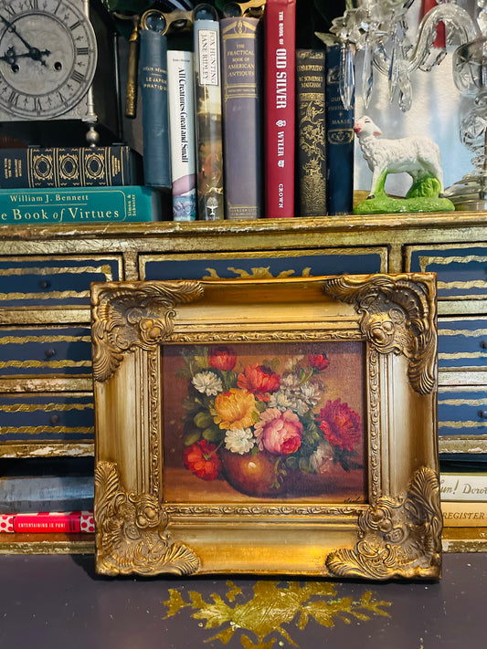 Vintage Moody Floral Still Life Painting in Ornate Gilt Frame – Romantic Old World Charm, Artist Signed
