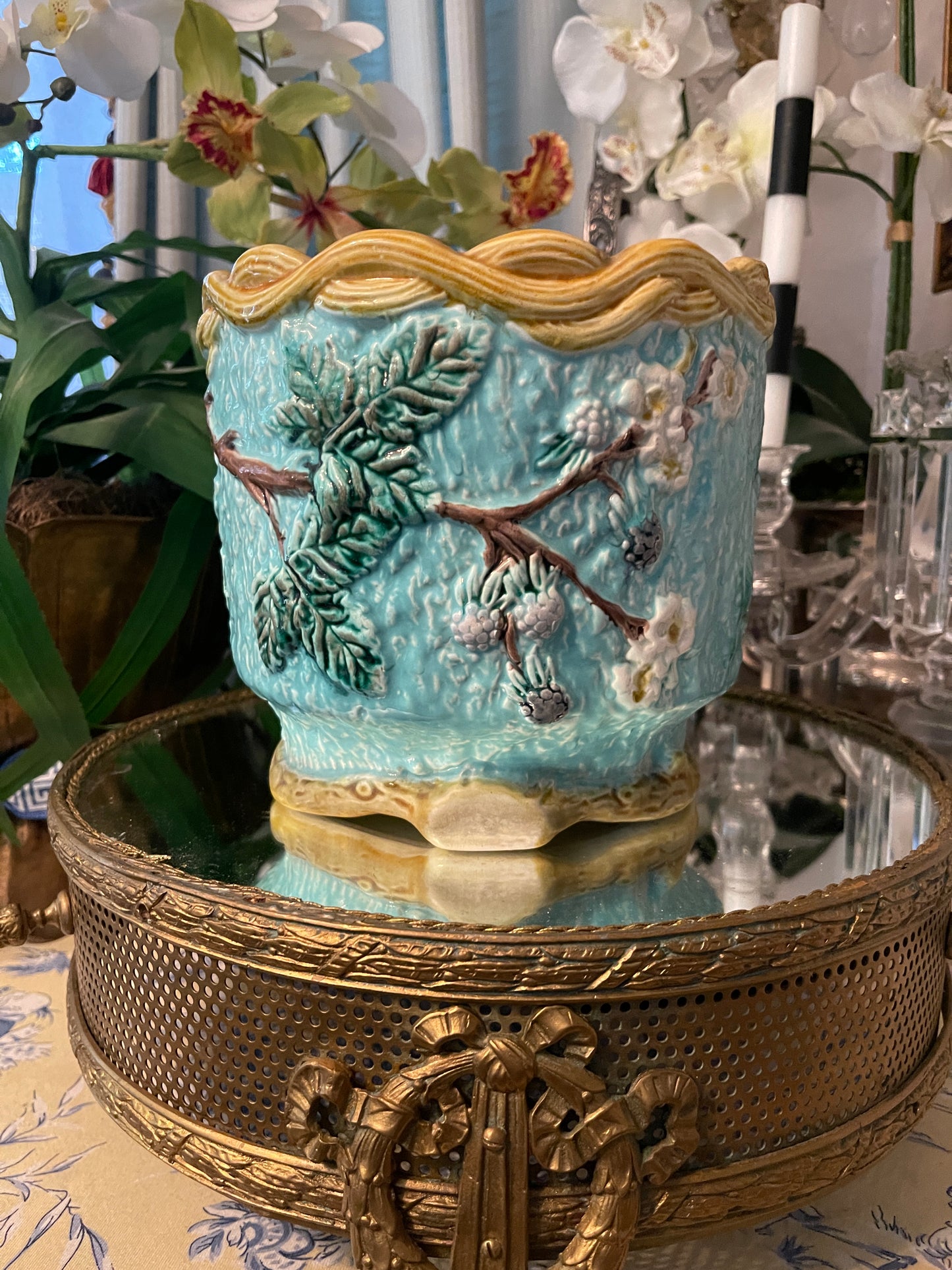 Antique Majolica Cache Pot | Vibrant Hand-Painted Jardinière | European 19th Century
