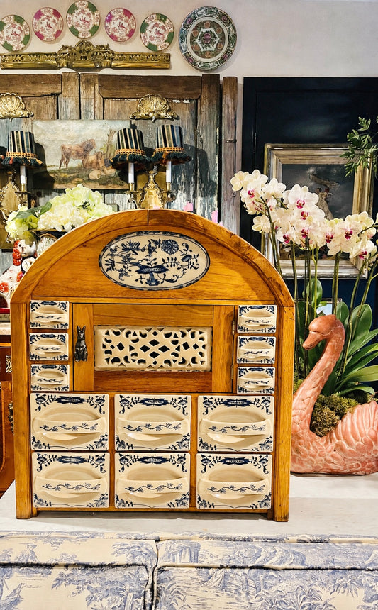 Early 20th-Century European Blue & White Ceramic Drawer Spice Cabinet | Blue Onion Style