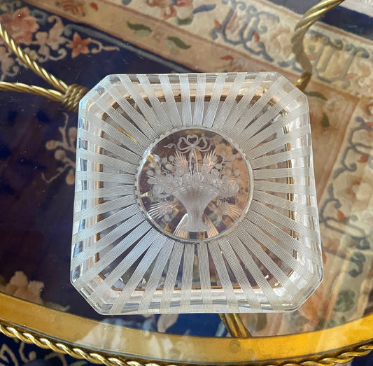 Etched Basket of Flowers with Bow Casket Box, Vintage Dresser Box