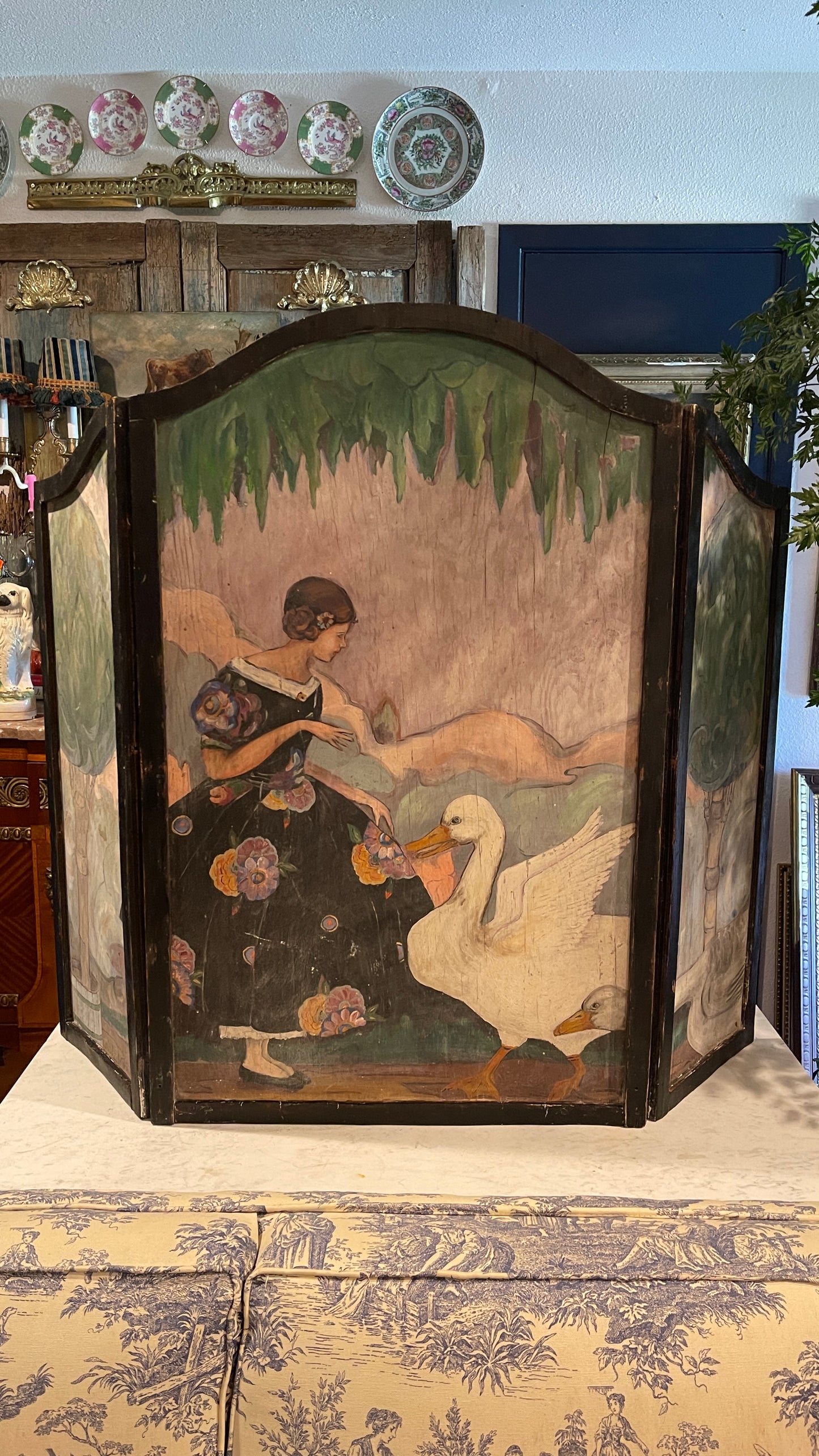 Early 20th Century Hand-Painted Storybook Fireplace Screen with Girl & Geese