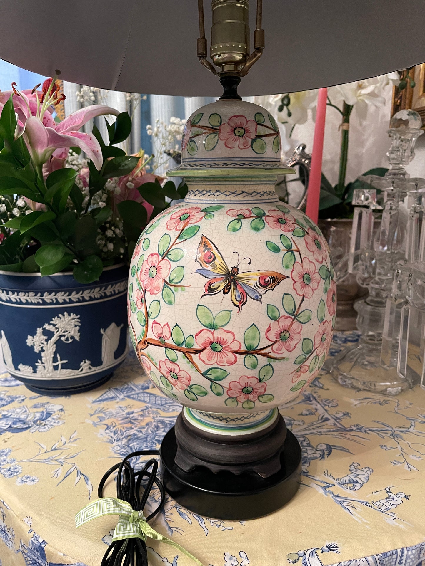 Chinoiserie Ginger Jar Lamp with Birds, Butterflies, and Pink and Green Flowers