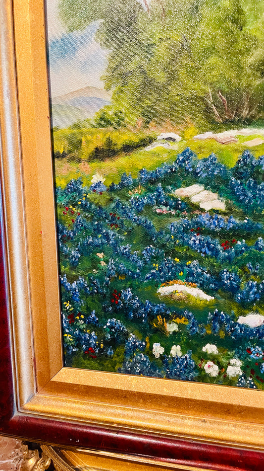 Vintage Texas Hill Country Bluebonnet Landscape Painting in Gilt & Oxblood Frame