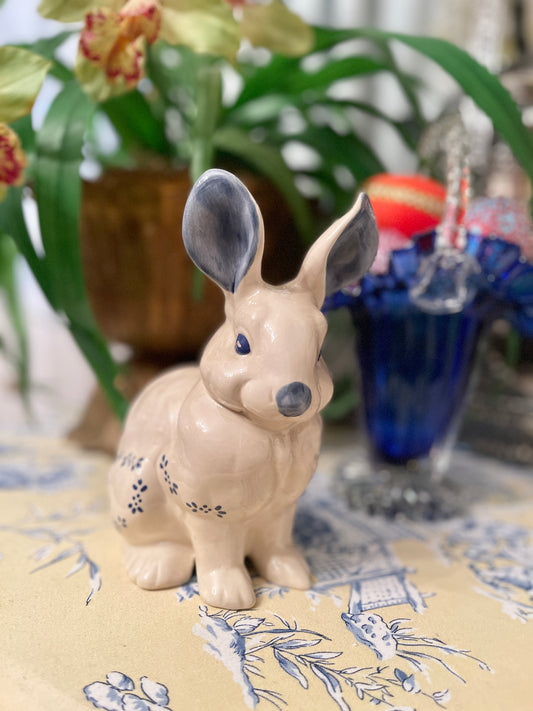 Blue and White Hand Painted Floral Bunny, Estate Decor