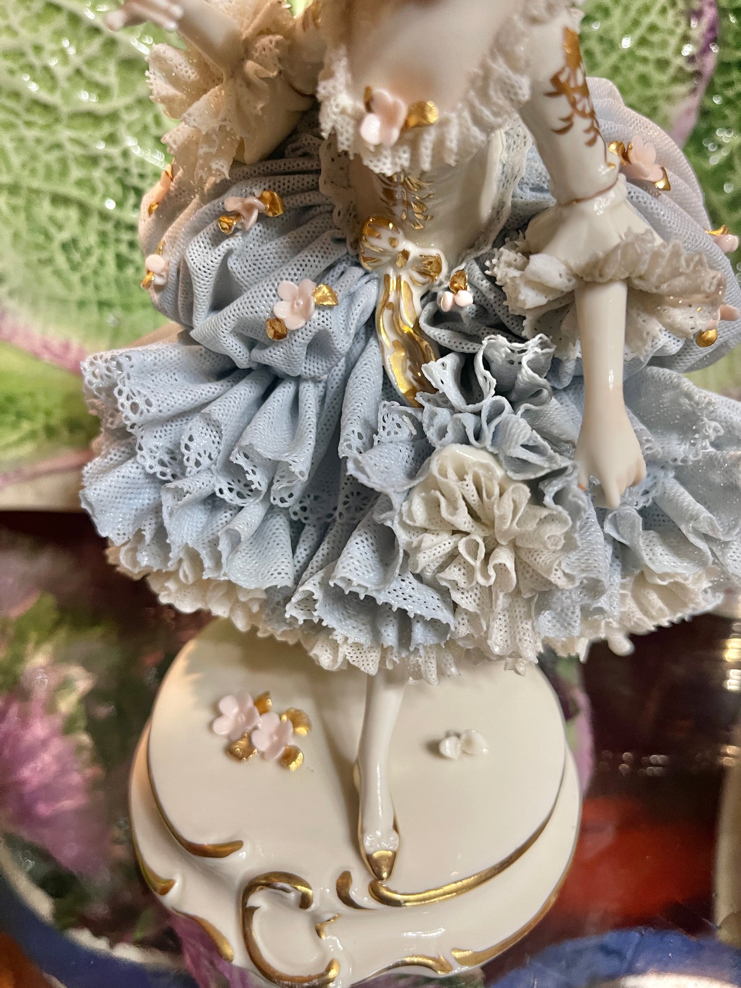 Vintage German Porcelain Dresden-Style Lace Lady Figurine | Volkstedt Style | Blue & White with Bows & Gilding