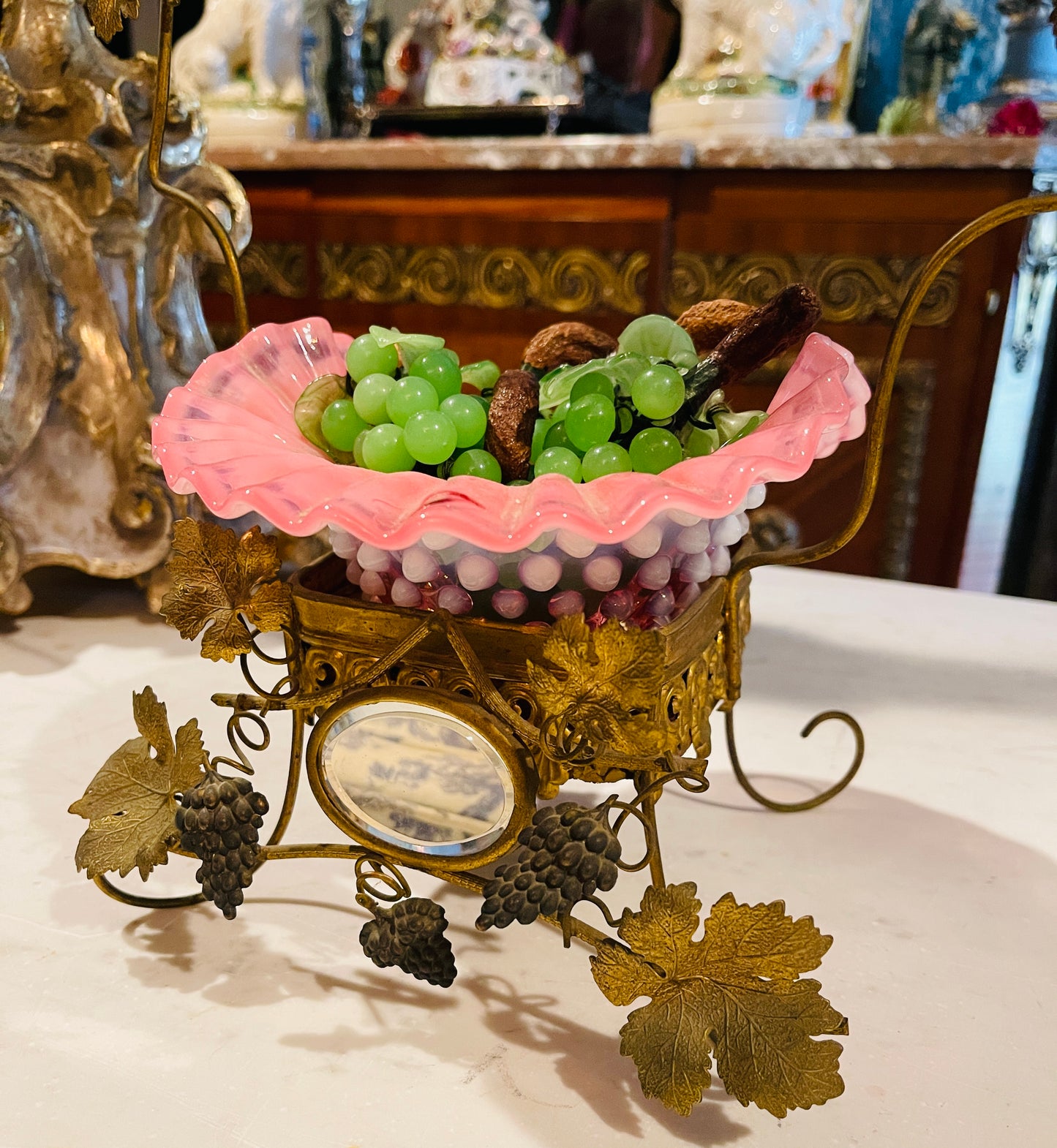 Victorian Grapevine Centerpiece with Mirrors & Bird Carrying Laurel Wreath | Antique Figural Epergne