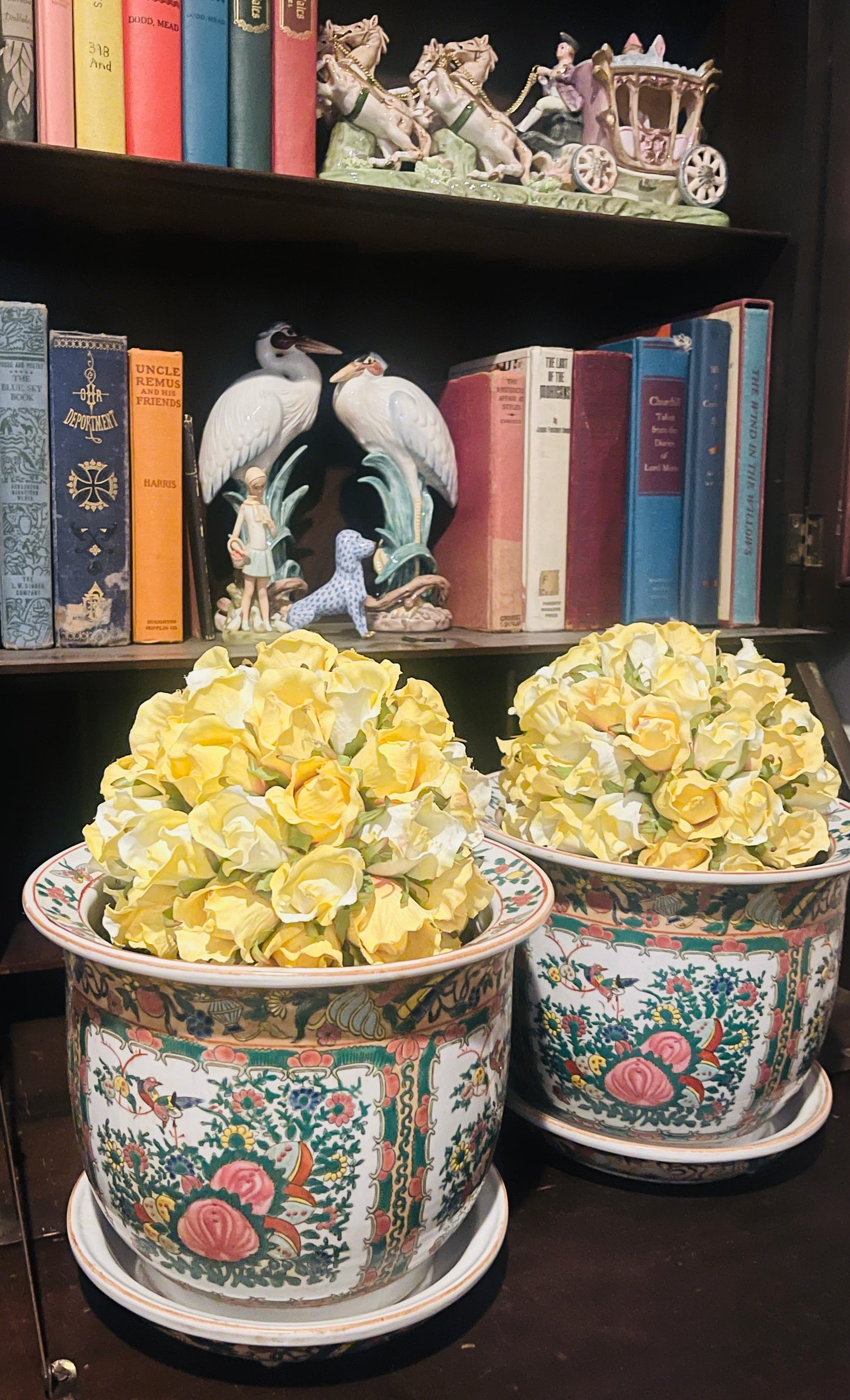 Vintage Chinoiserie Rose Canton Cachepot with Saucer- TWO AVAILABLE