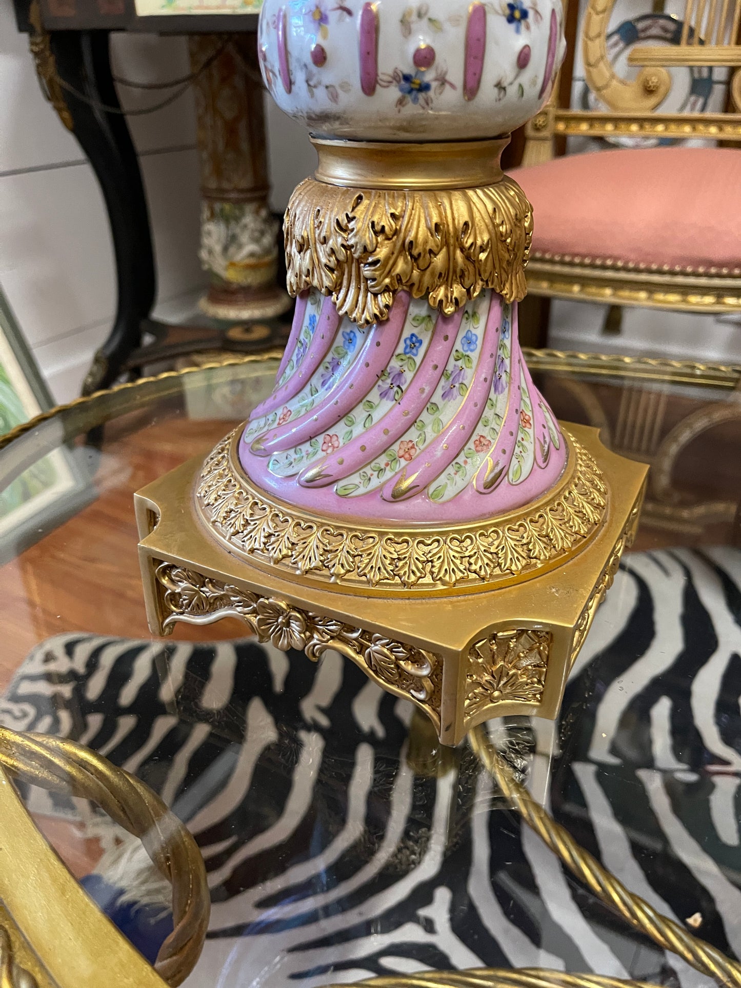 Monumental Pastel Porcelain Urns with Gilt Mounts|Pair | Grand Decorative Statement Vessels