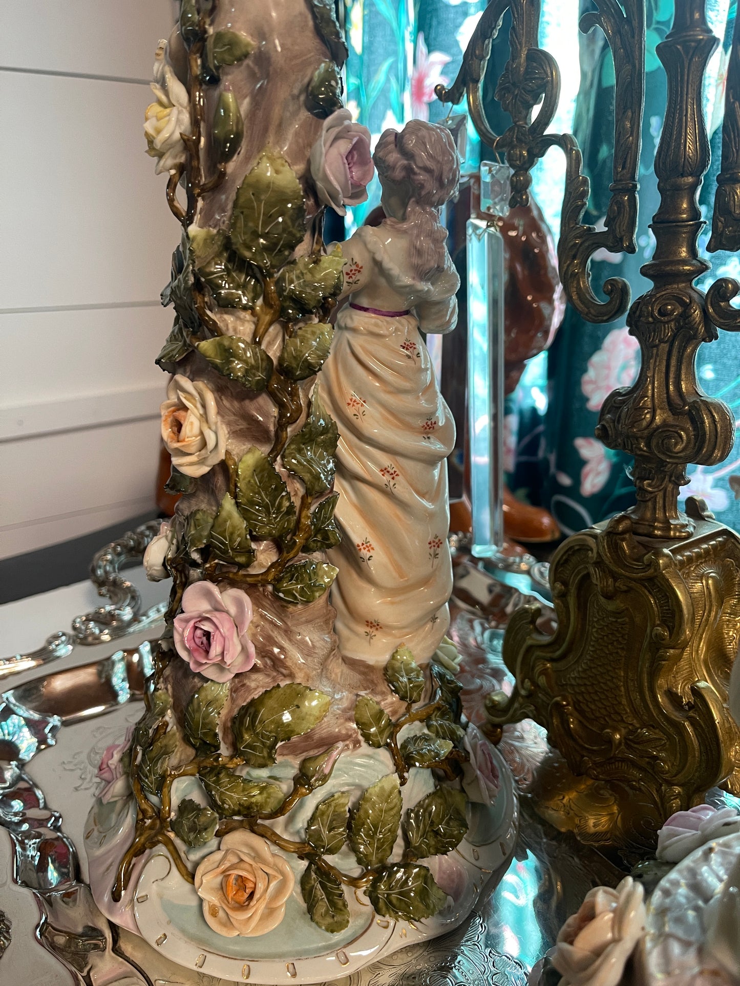 Antique 19th century Sitzendorf Figural Floral and Cherub Candlesticks, Hand Paitned Porcelain, Fantastic Estate Decor