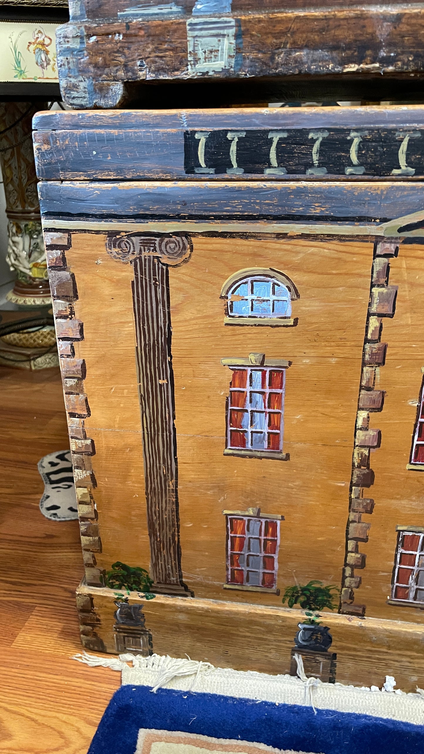 19th Century English Paint-Decorated Blanket Chest, Georgian Manor House Façade, Six Plants in Urns on Columns,  | Estate-Sourced English Folk Art