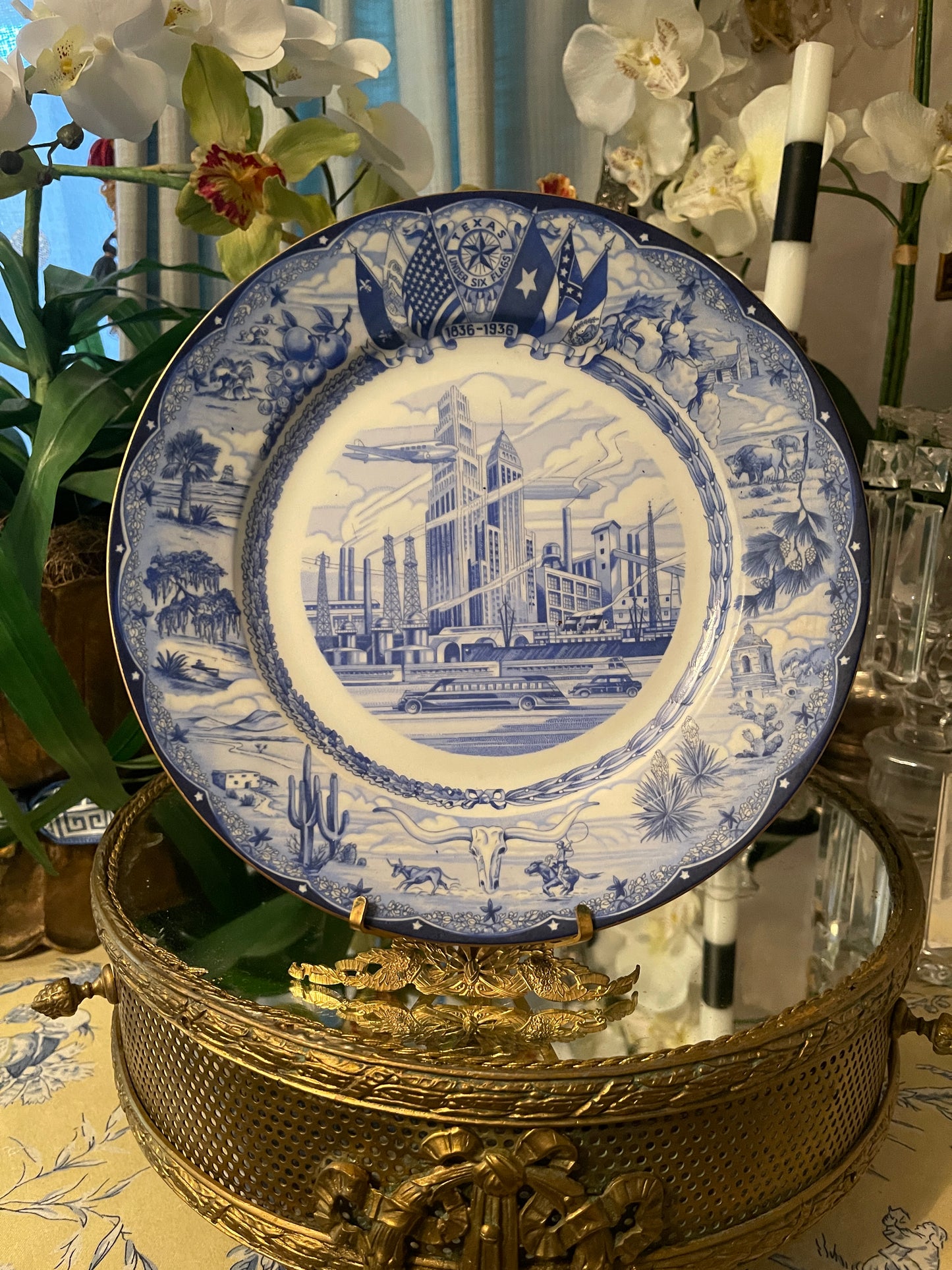 Rare Complete Set of Twelve (12) 1936 Texas Centennial Blue & White Porcelain Plates by Moritz Zdekauer – Museum-Quality Collection