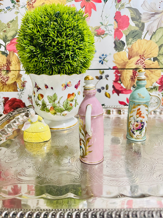 French Orlik Pink Perfume Bottle with Hand Painted Flowers and Gilt Detail