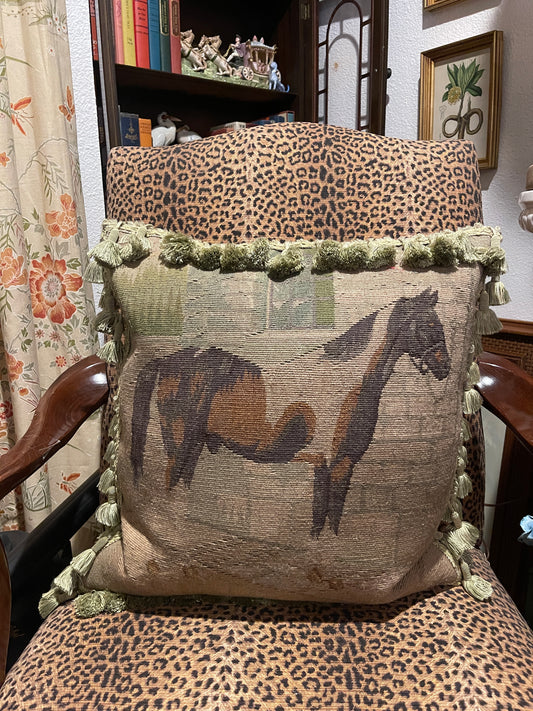 Charming Antique-Style Handwoven Aubusson Pillow with Horse Motif & Tassel Trim