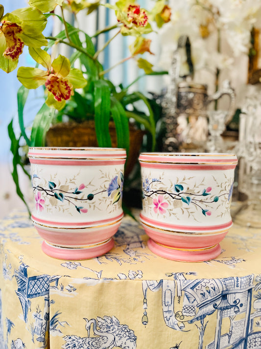 Vintage Porcelain Jardiniere, Pink and White with Hand Painted Flowers and Gilt Detail, Made in Germany, Estate Decor