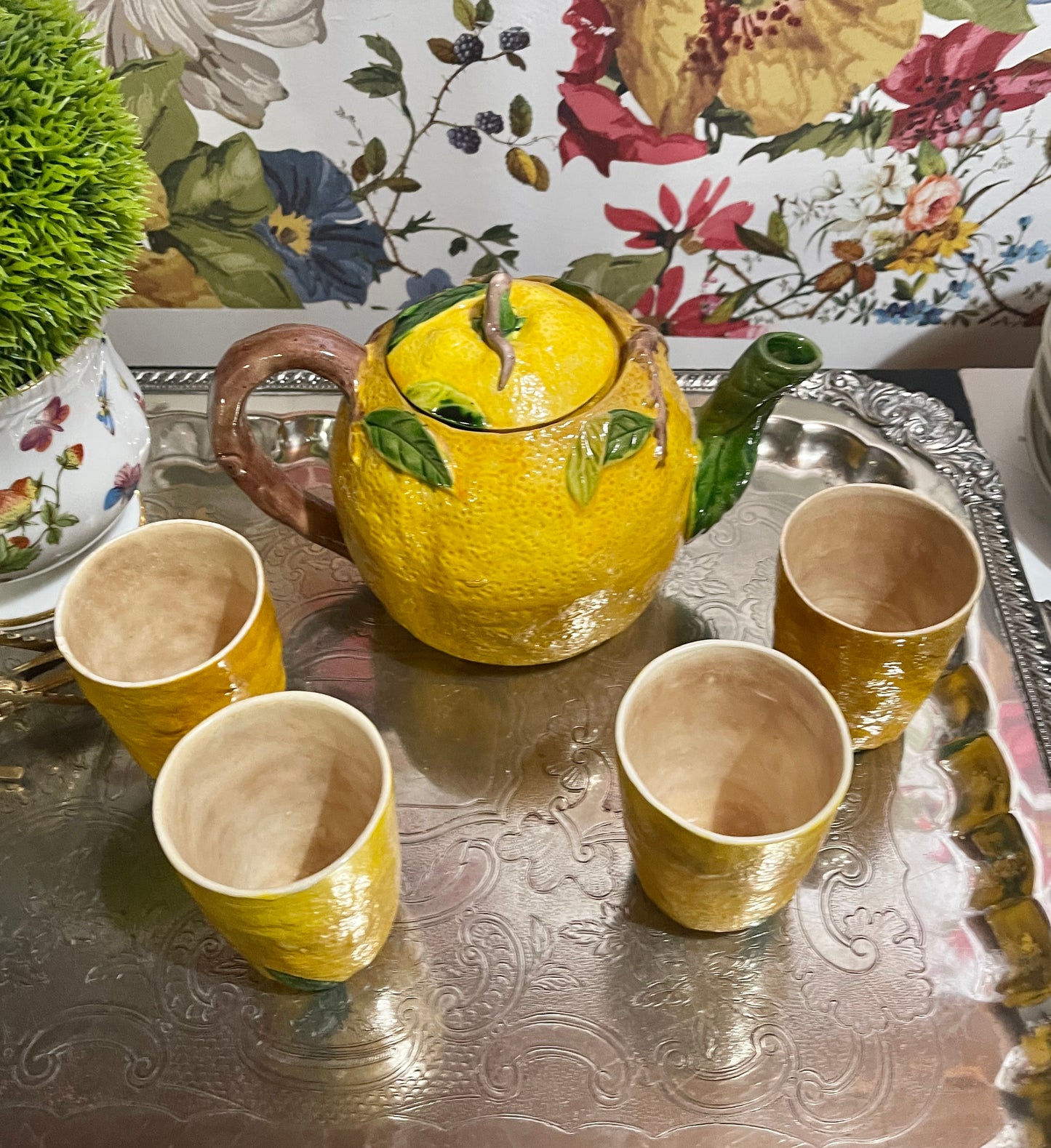 Vintage Majolica Lemon Tea Set, Made in Japan, Garden Party Chic