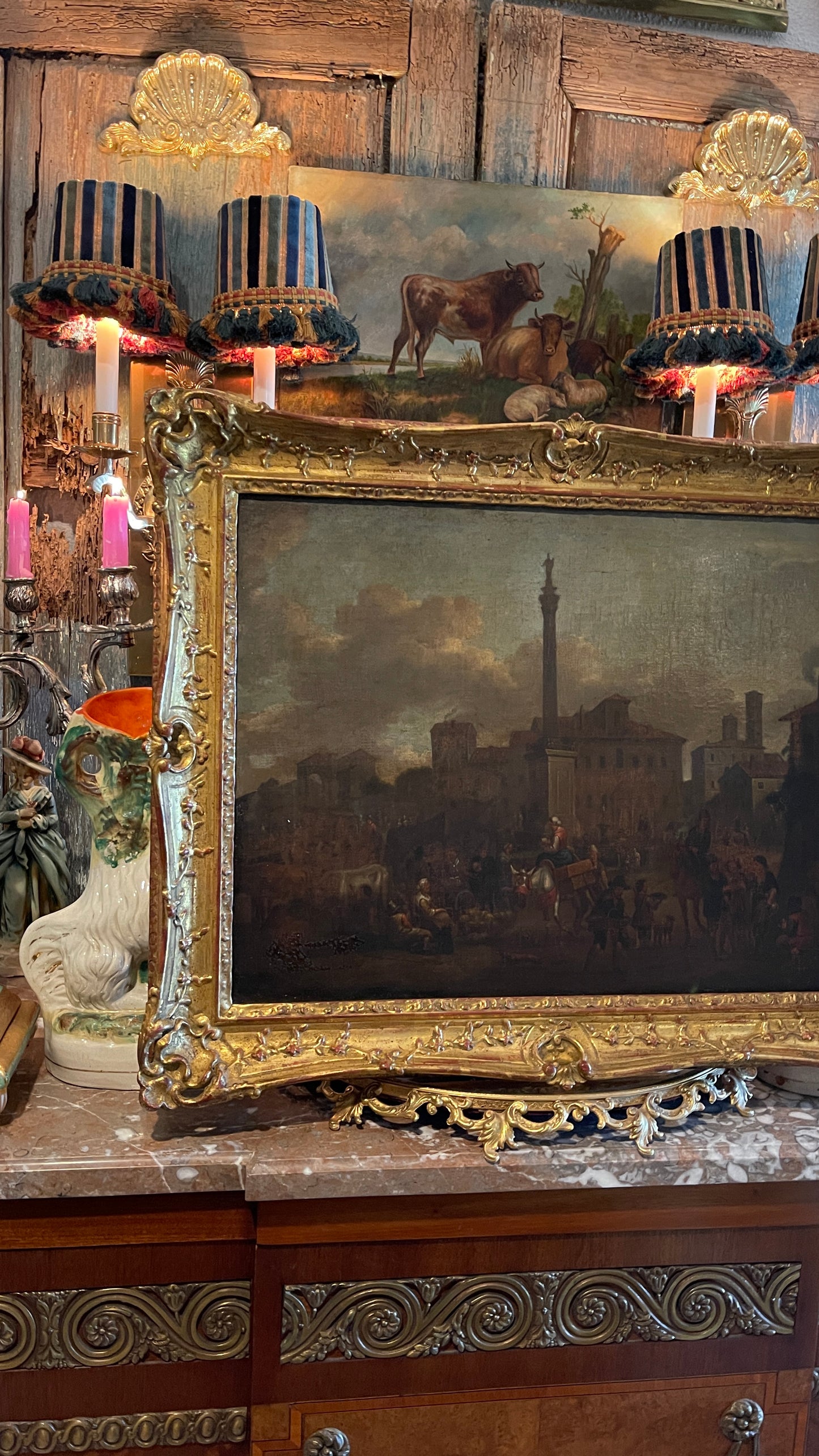 19th-Century European Oil Painting of Market Scene, Florence in an Exceptional Barbizon Frame