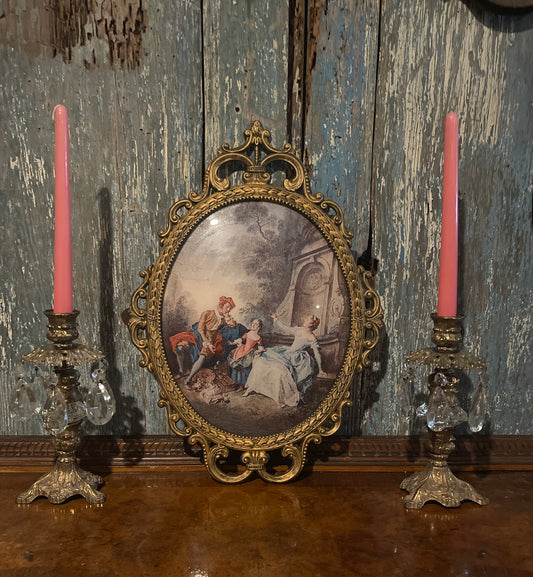 Vintage Italian Wall Art, French Scene Under Convex Glass with a Metal Frame