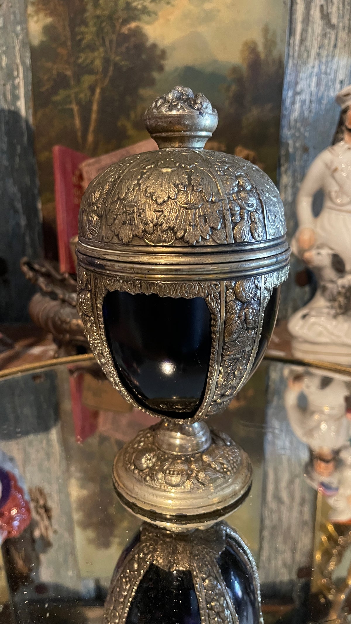 Cobalt & Abundance — Blue Glass Covered Urn with Floral & Fruit Metalwork | 8.5” H × 4” W