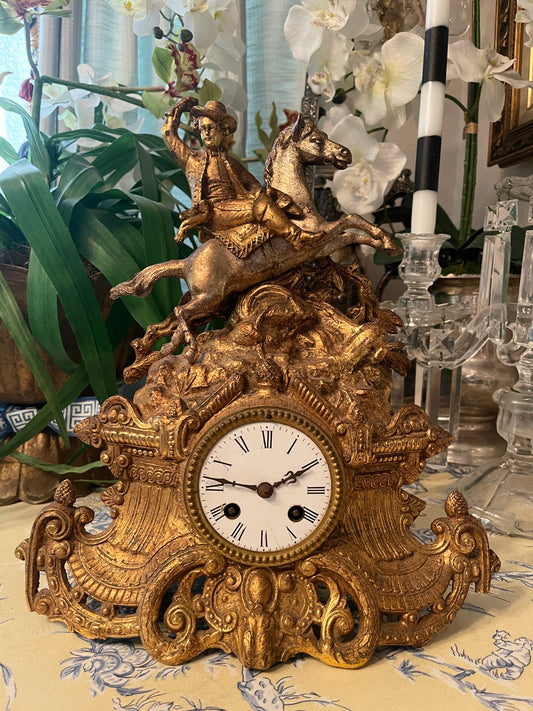 Antique French Gilt Bronze Equestrian Mantel Clock – 19th Century Cavalier on Horseback, SOLD AS A DECORATIVE ANTIQUE