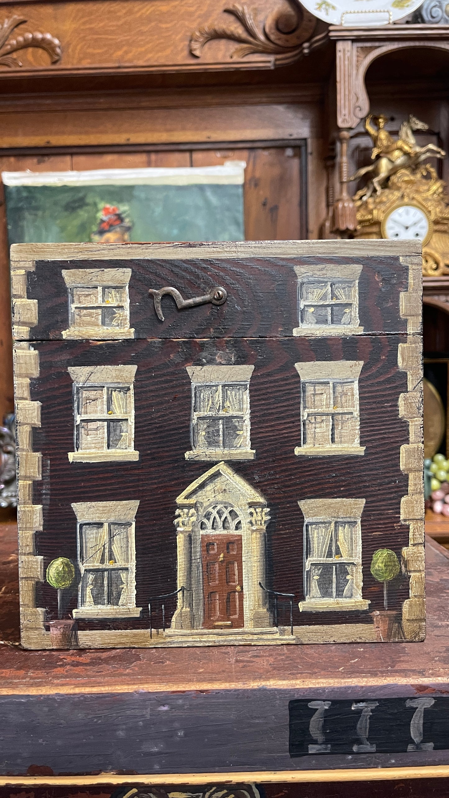 19th Century English Paint-Decorated Table Box with Topiaries, Georgian Townhouse Façade | English Folk Art Storage Box