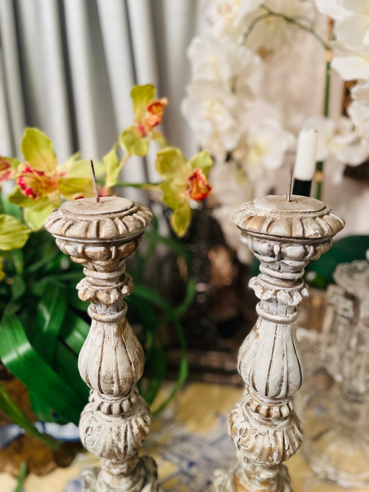 Ornately Carved Wood Candlestick Pair with Claw Feet and Cherubs, Vintage