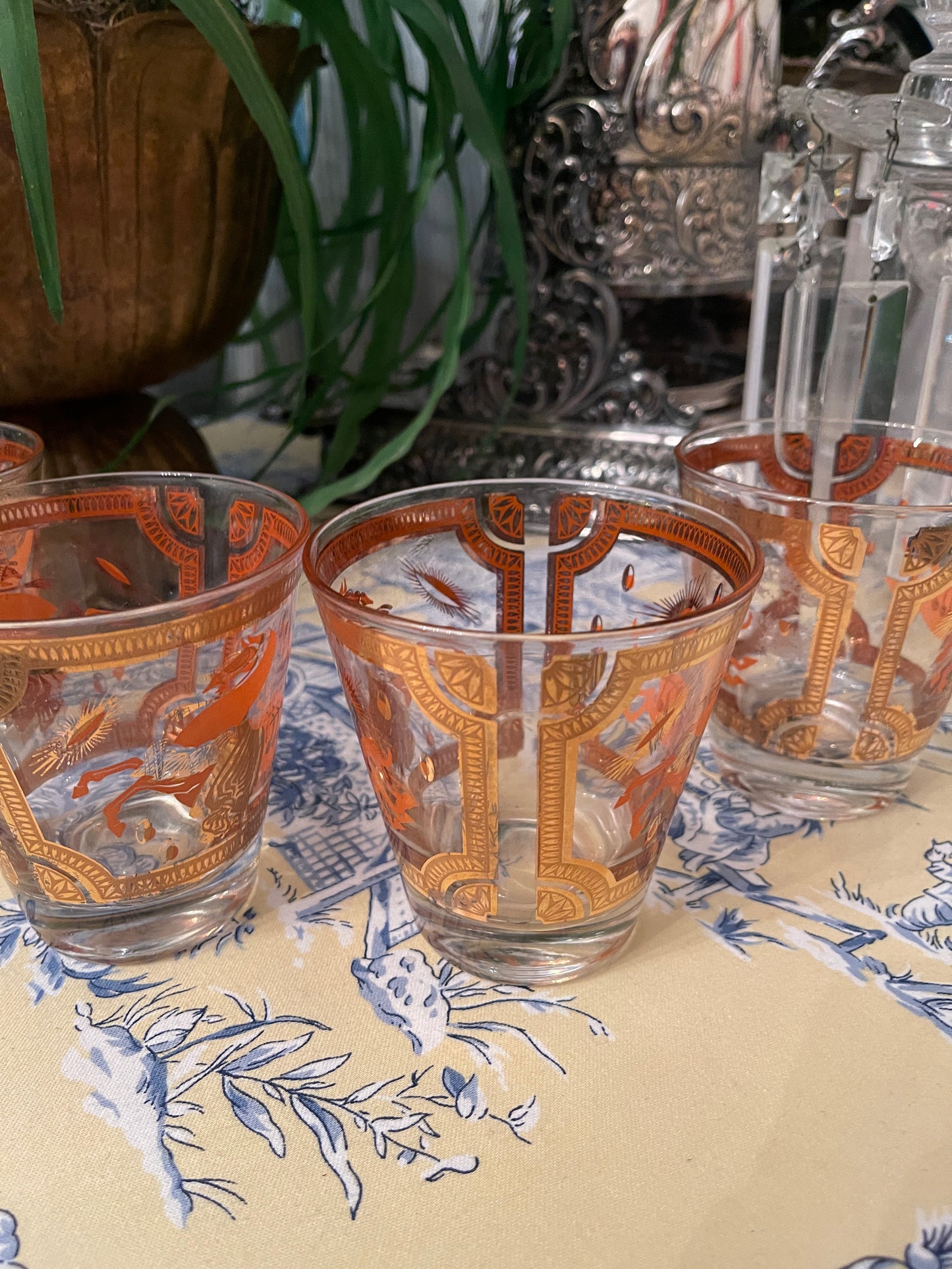 Vintage Fred Press Orange and 22kt Gold Trojan Horse Lowball Glasses, Set of Four