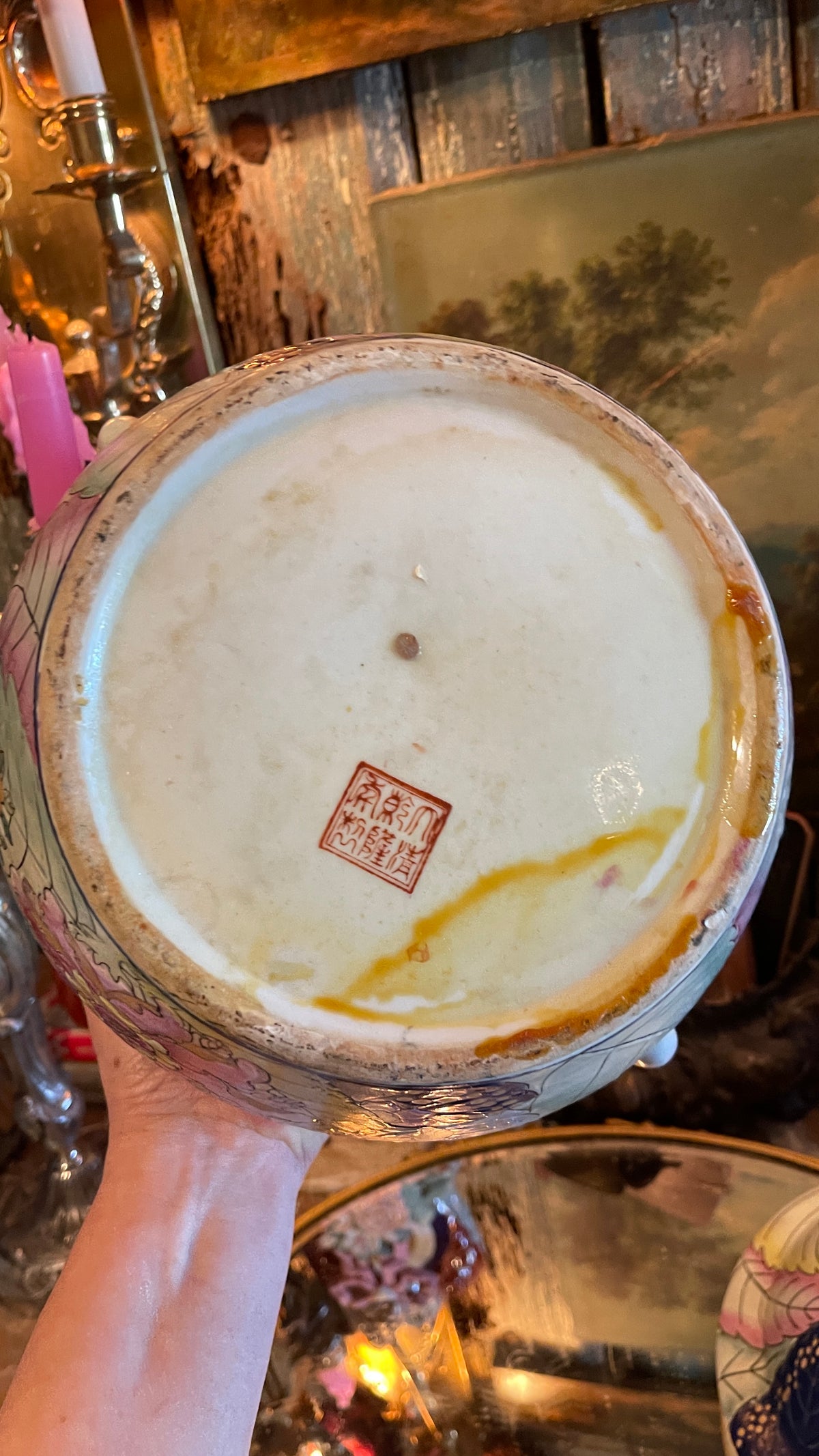 Vintage Tobacco Leaf Covered Jar with Peach Finial & Pink Handles | 11” Tall