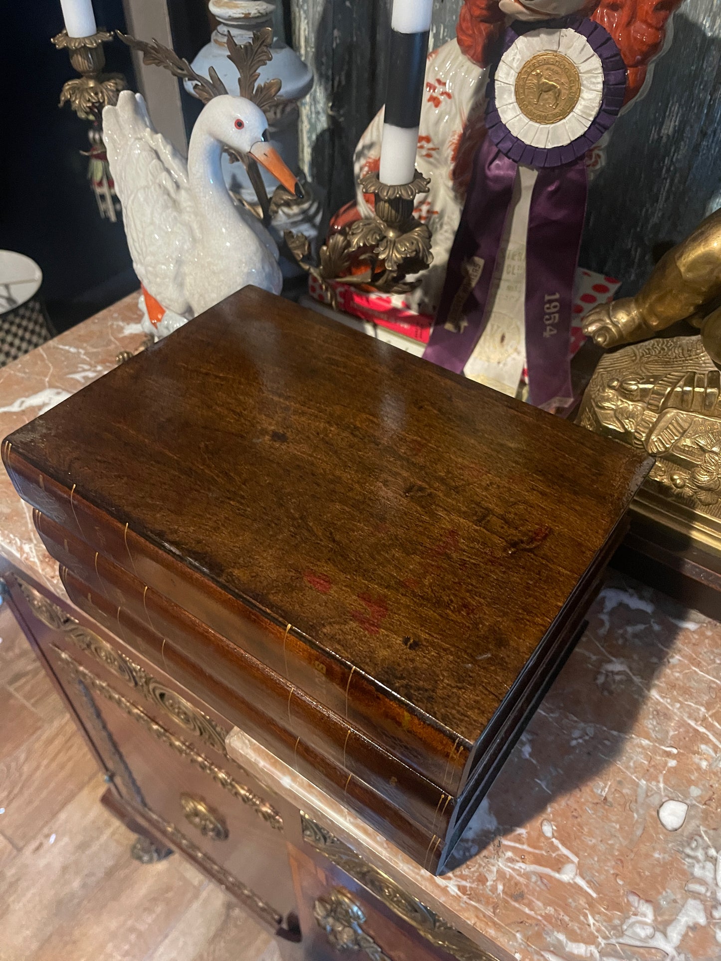 Vintage Japanese Wood “Book Stack” Box with Amber Glass Inset — Mid-Century Bar Set, Made in Japan