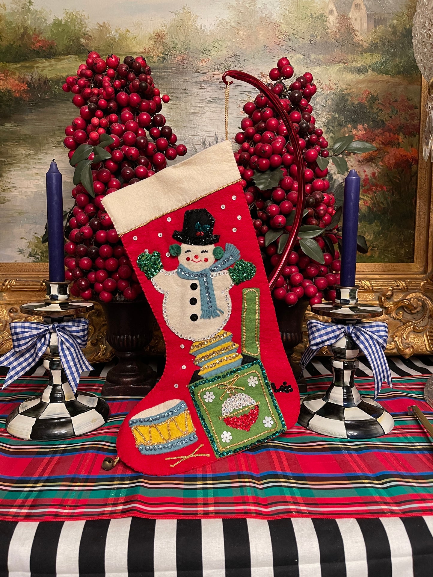 Vintage Felt Christmas Stocking with Snowman, Sequin Detail