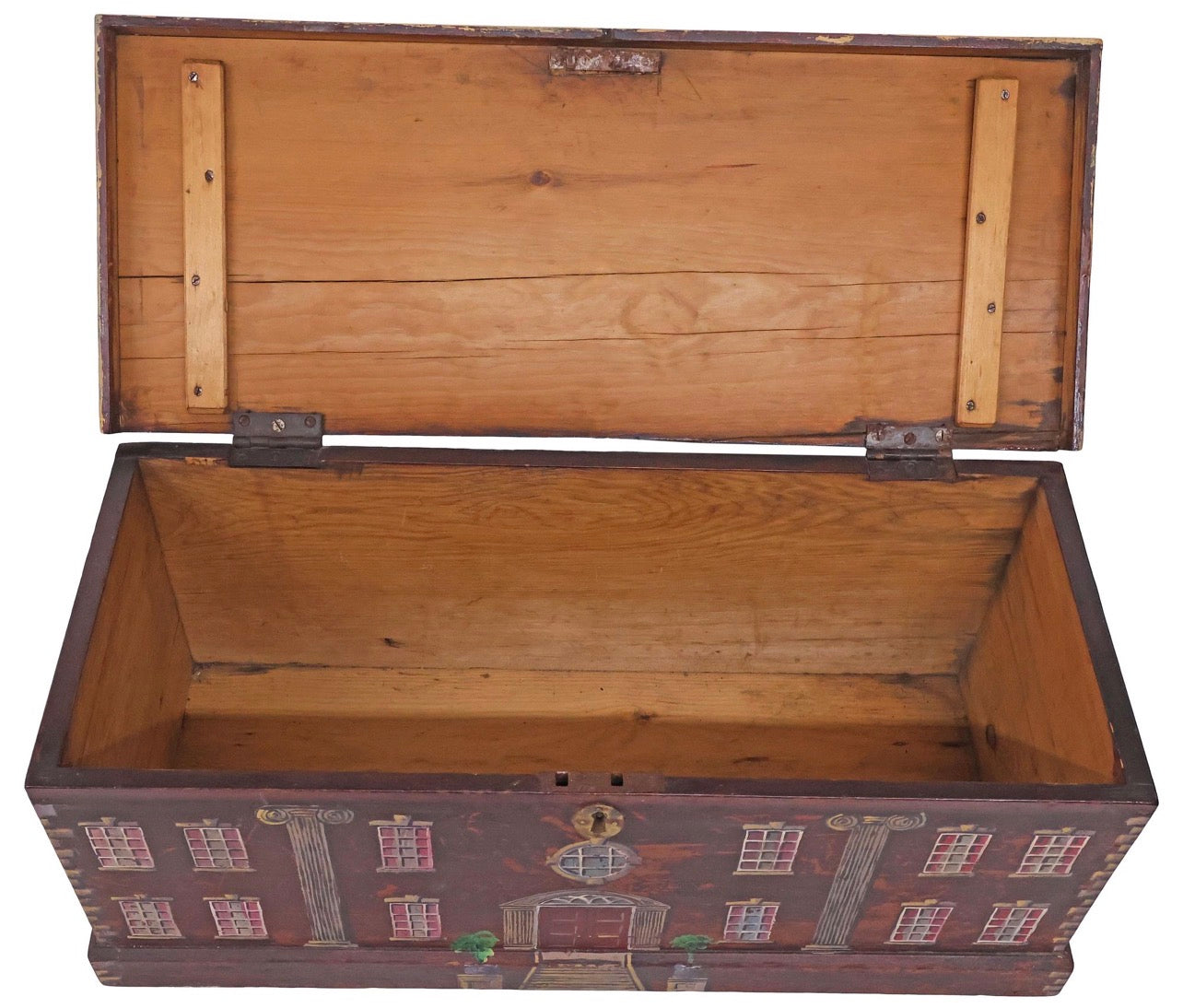 ENGLISH PAINT-DECORATED HOUSE FACADE PINE BLANKET BOX / STORAGE CHEST