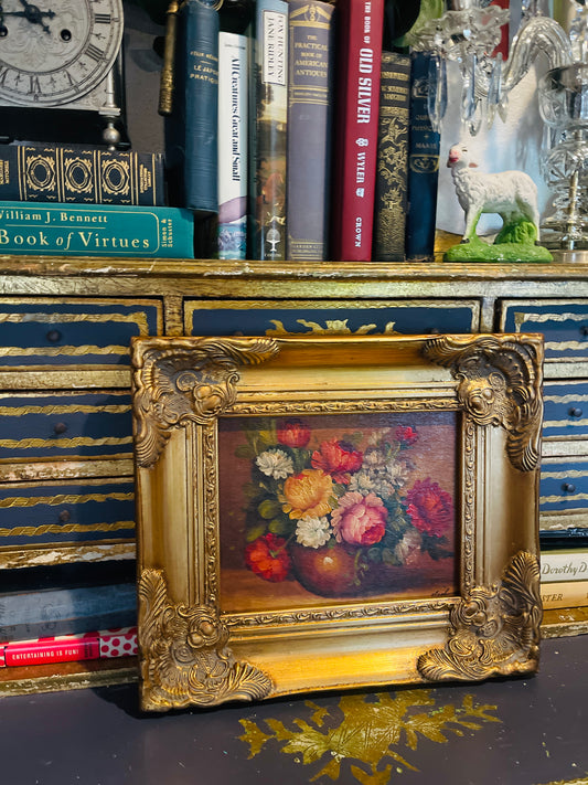 Vintage Moody Floral Still Life Painting in Ornate Gilt Frame – Romantic Old World Charm, Artist Signed