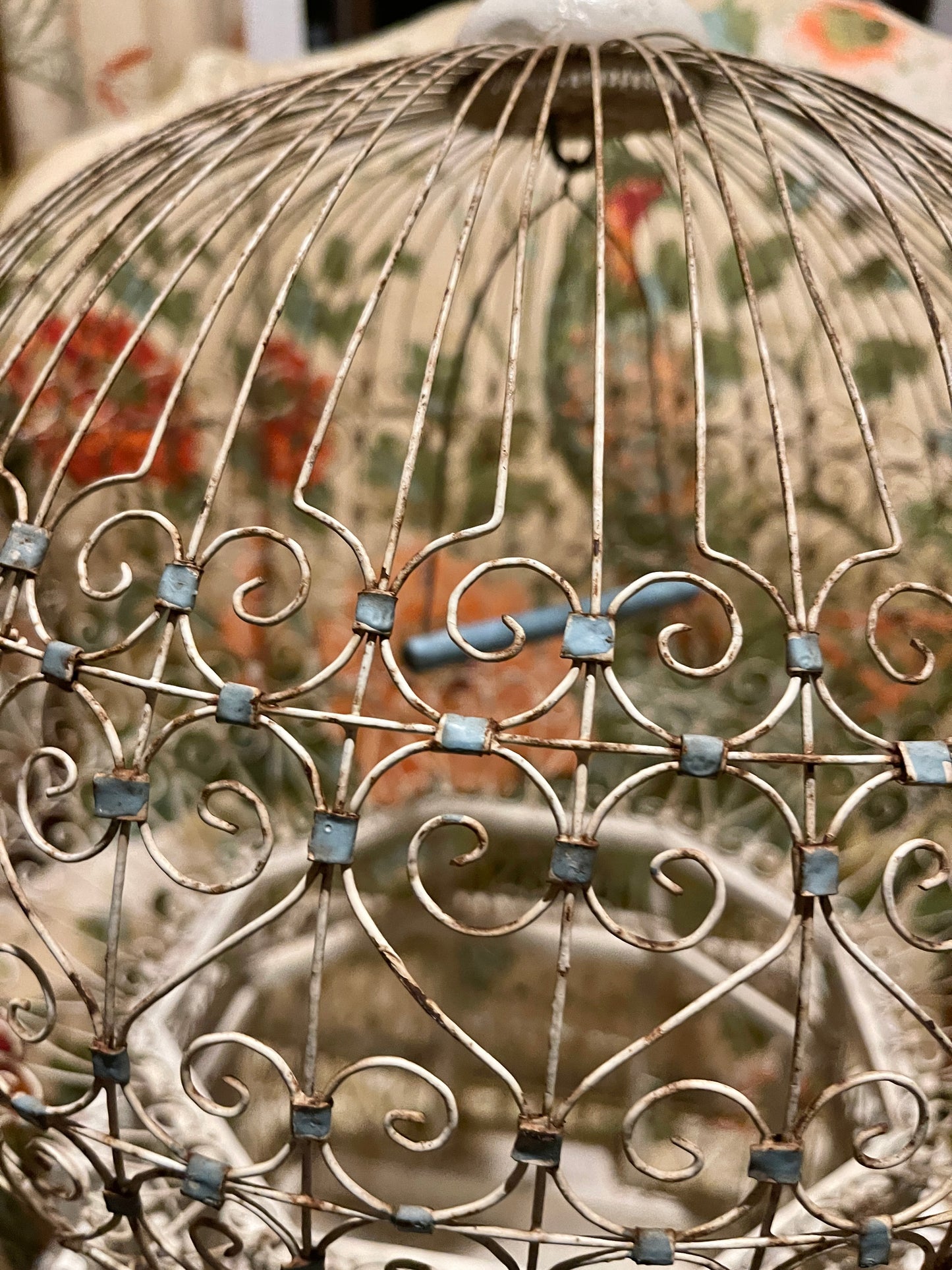 Victorian Balloon Bird Cage, French Blue and White Chippy Wood and Tole, Vintage