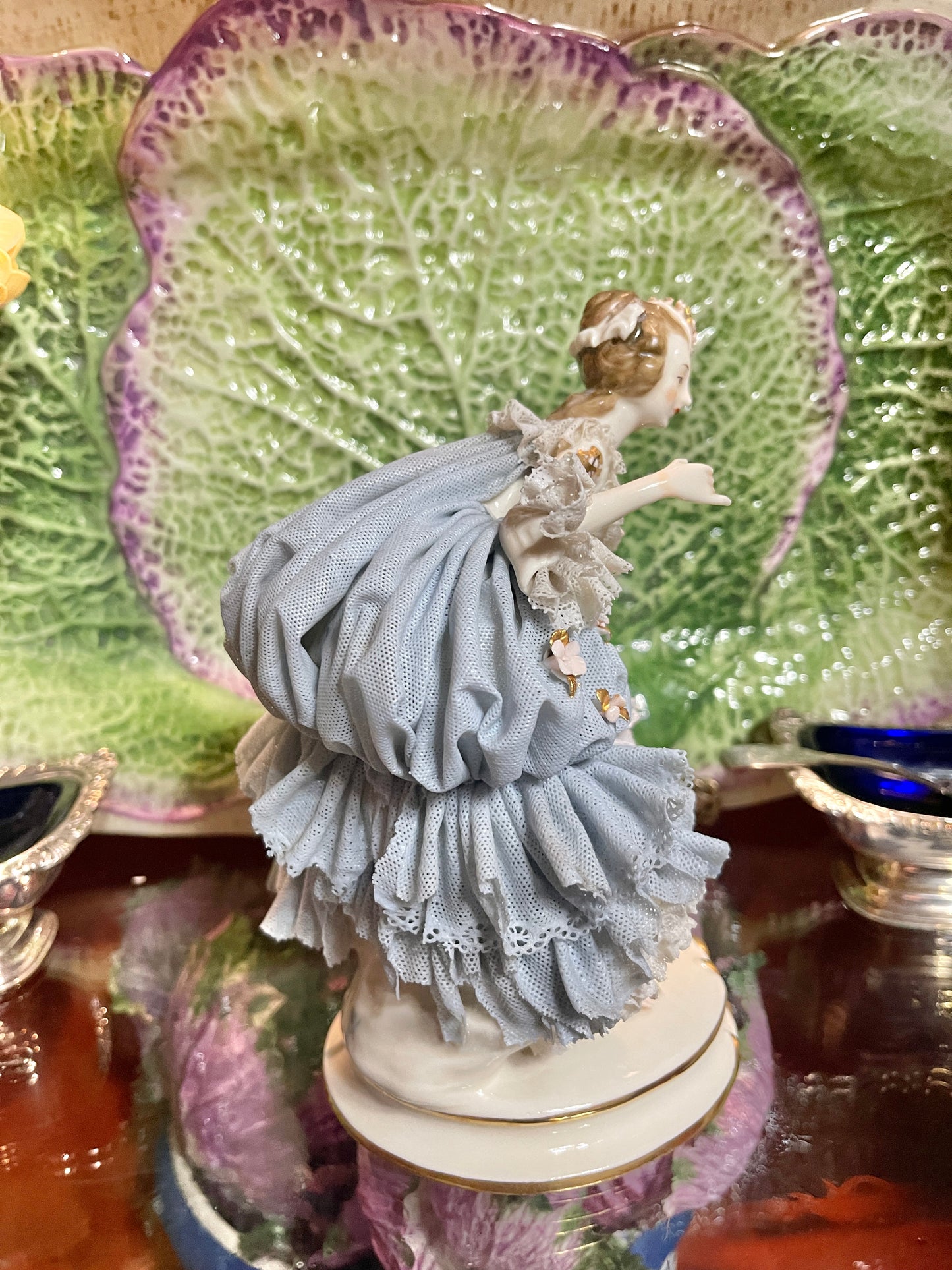 Vintage German Porcelain Dresden-Style Lace Lady Figurine | Volkstedt Style | Blue & White with Bows & Gilding