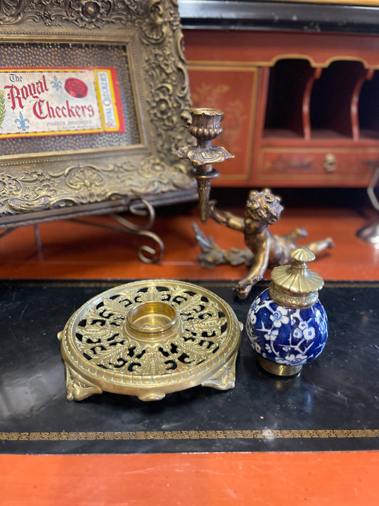 Lovely 19th-Century Townshend & Co. Brass & Porcelain Inkwell – Blue & White Blossom Motif, Crafted in England