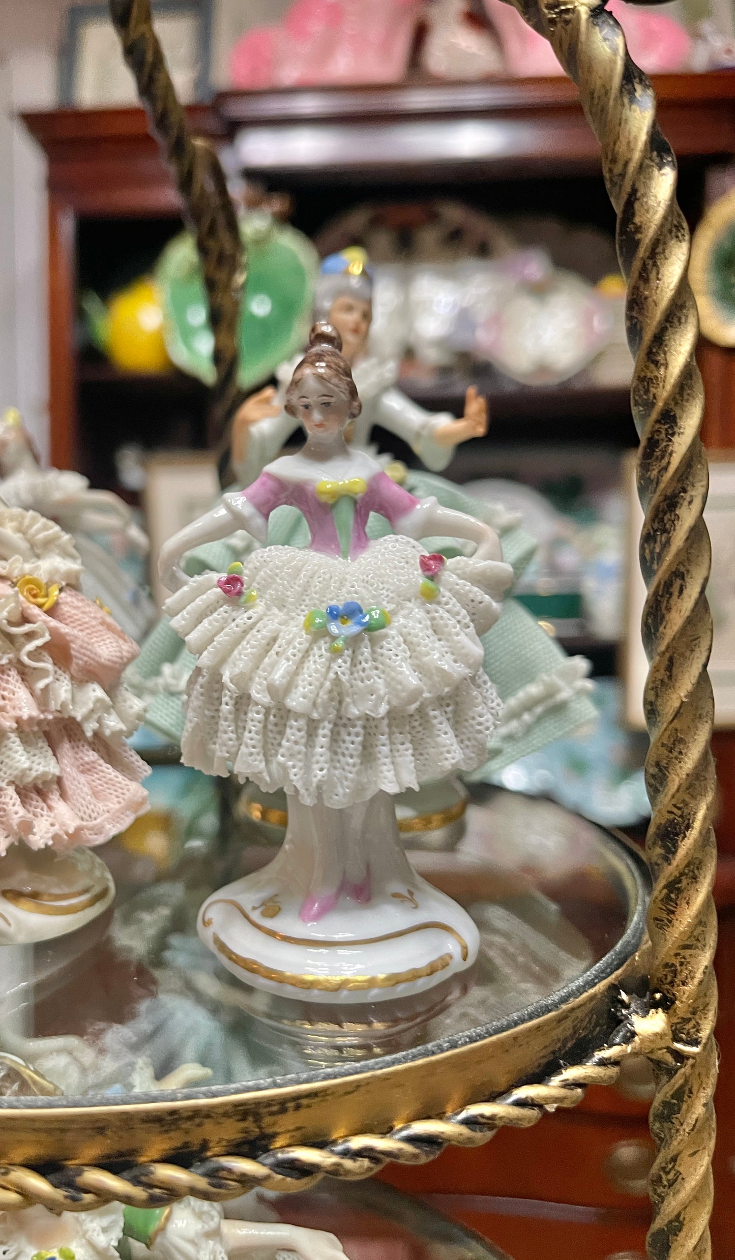 Pretty Vintage German Porcelain Dresden-Style Dancer Figurine | Lace Detail |Pink Top | Applied Flowers