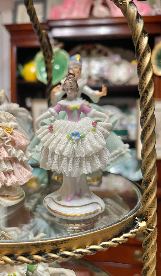 Pretty Vintage German Porcelain Dresden-Style Dancer Figurine | Lace Detail |Pink Top | Applied Flowers