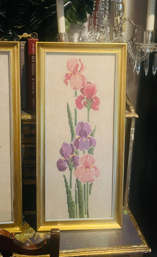 Vintage Framed Iris Cross Stitch – Hand-Embroidered in Lilac, Rose, and Plum
