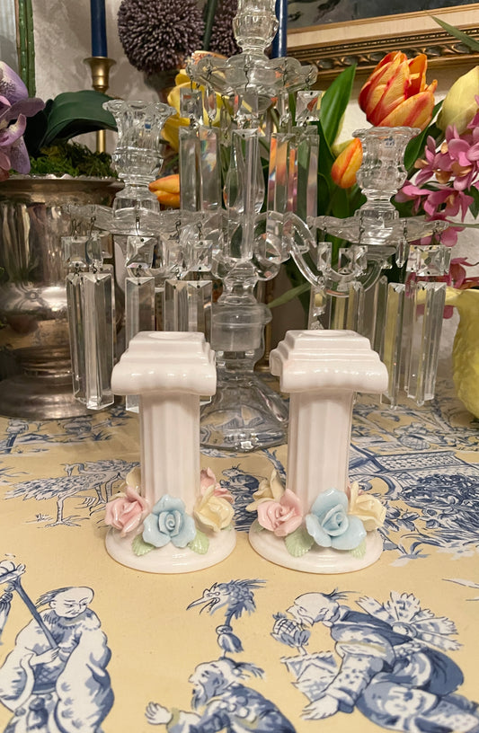 Vintage Neoclassical Corinthian Column Candlesticks with Roses, Pair, Made in Japan