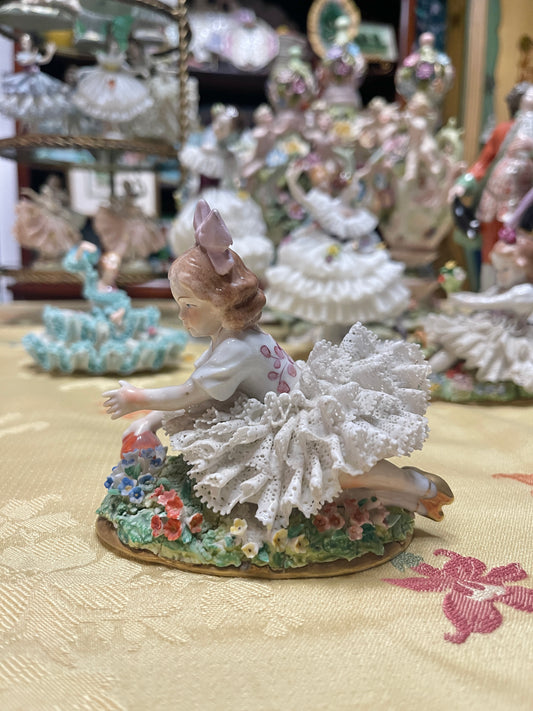 Vintage German Porcelain Dresden-Style Lace Playing Girl Figurine with Bow