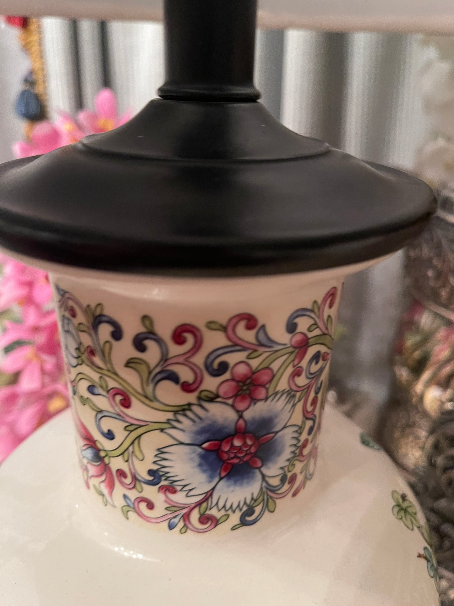 Vibrant Chinoiserie Lamp, Double Phoenix and Floral Chinoiserie Design, Ornate Metal Base