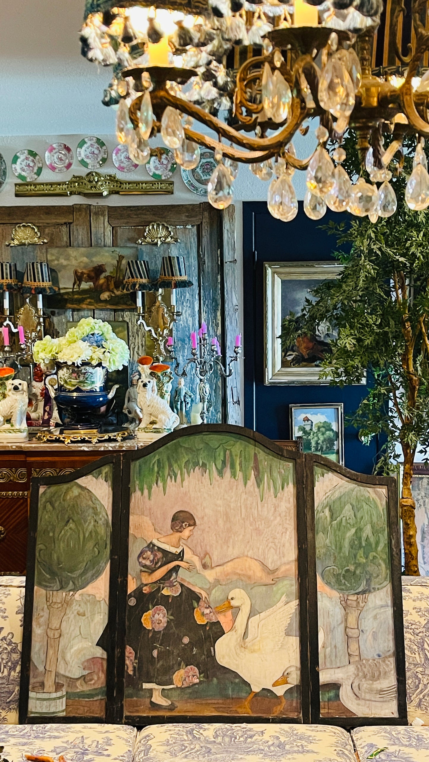 Early 20th Century Hand-Painted Storybook Fireplace Screen with Girl & Geese