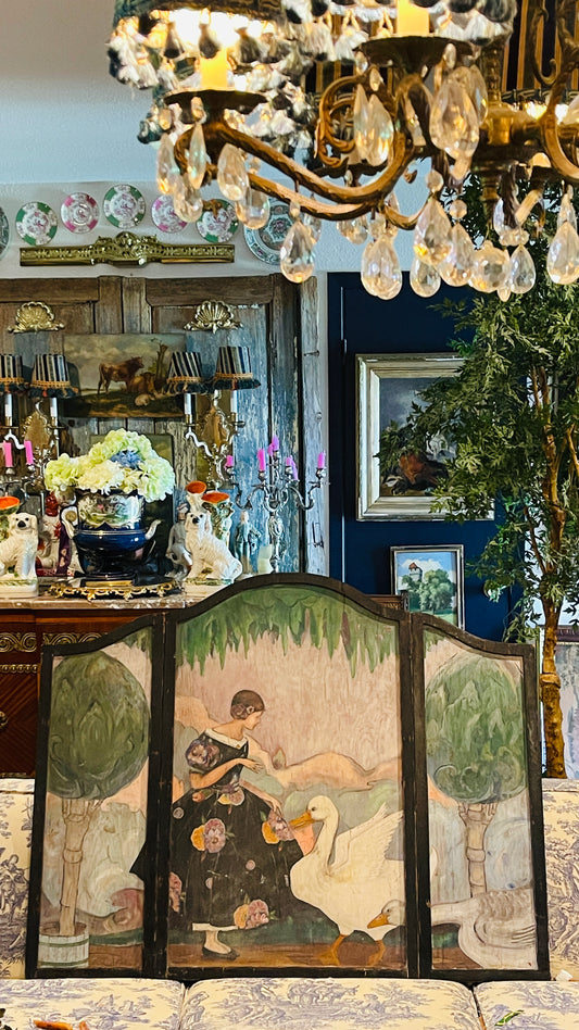 Early 20th Century Hand-Painted Storybook Fireplace Screen with Girl & Geese