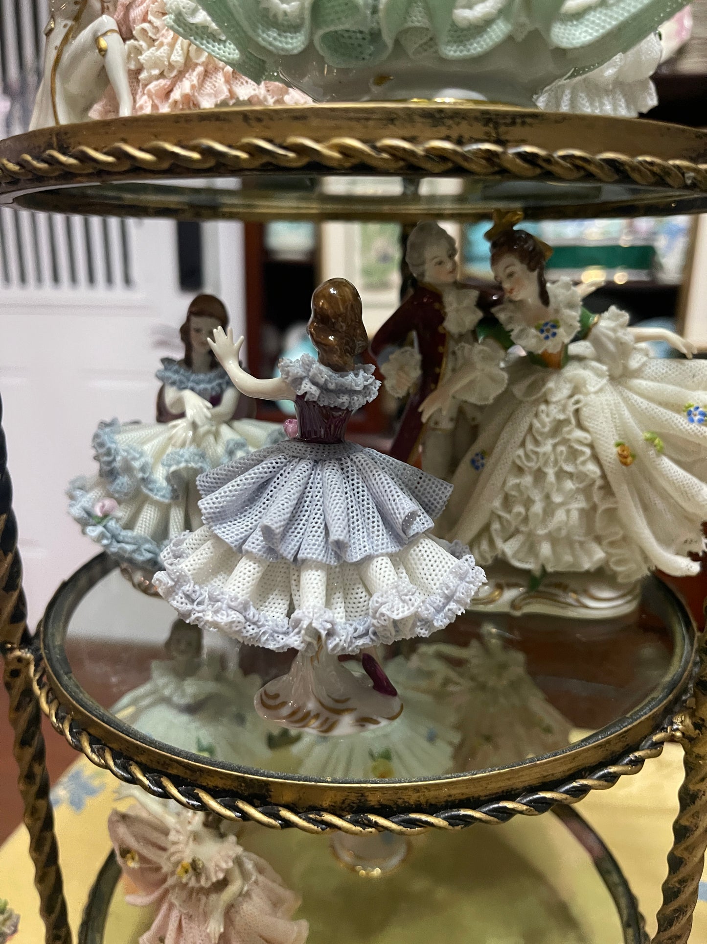 German Porcelain Dresden-Style Lace Dancer Figurine | Vintage European Porcelain 
in Lilac Lace