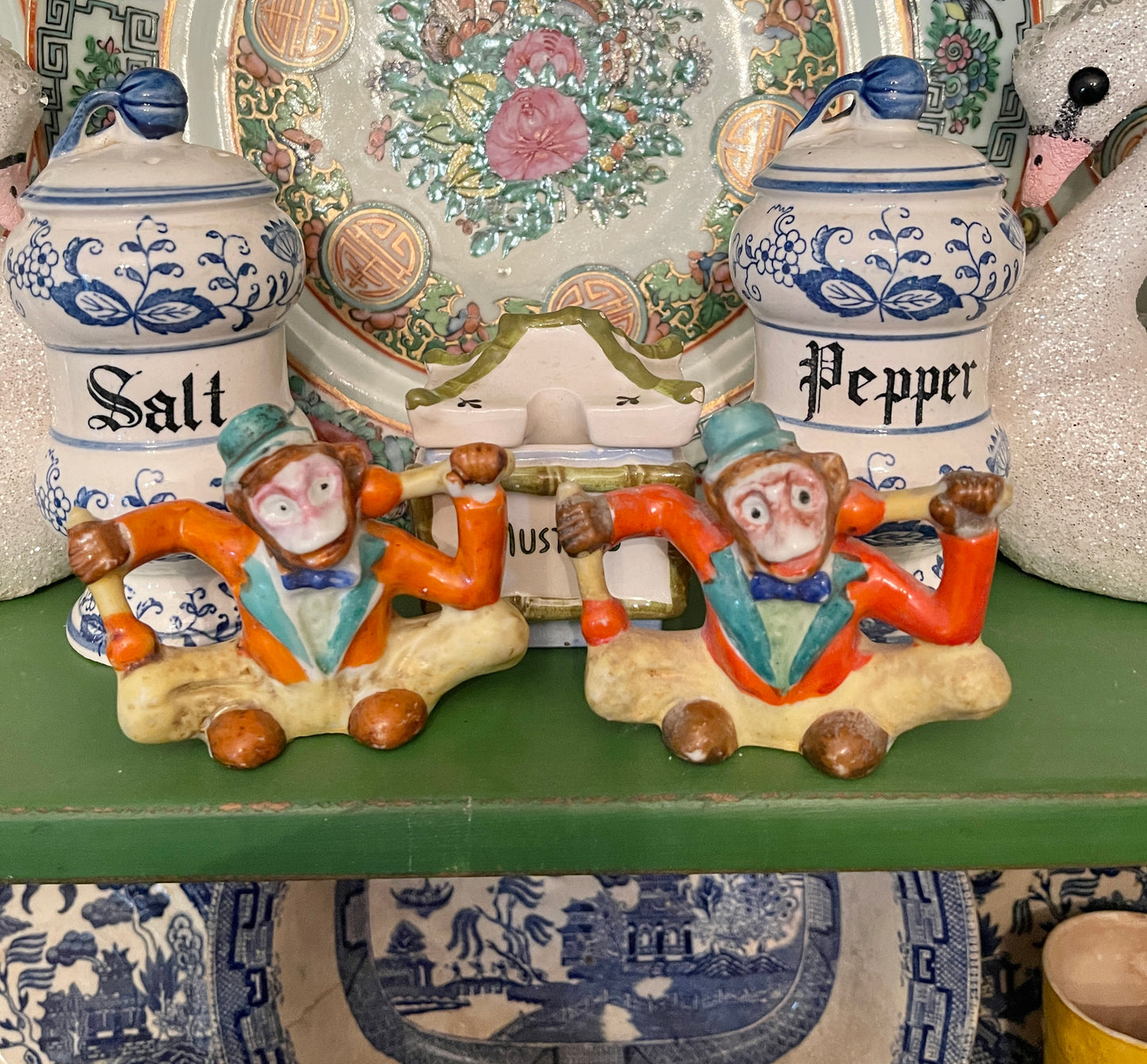 Vintage Monkey Salt and Pepper Shakers, Vibrantly Dressed with Bow Ties and Top Hats, Made in Japan