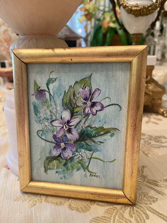 Bushel of Violets on Blue, Vintage Painting, Lavender Flowers Painting, Artist Signed