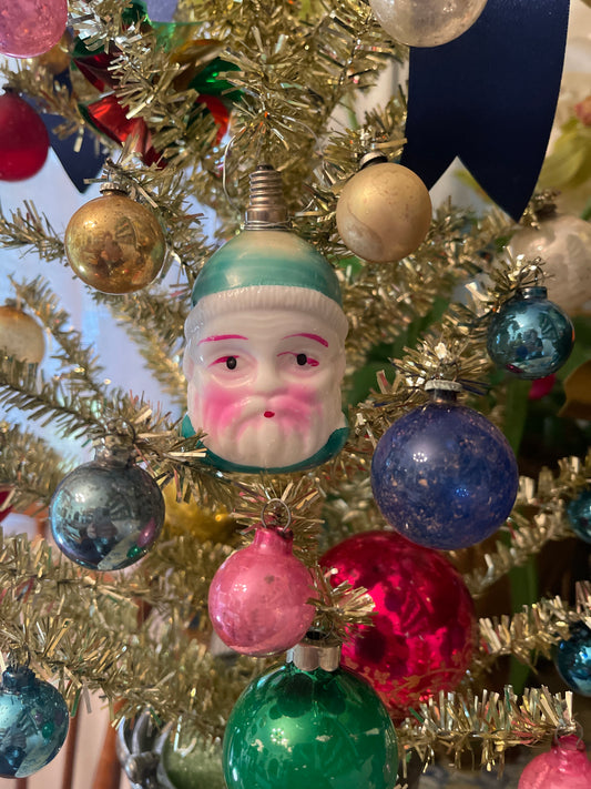 Large Vintage Figural Santa Claus Mil Glass Bulb, Pink and Green
