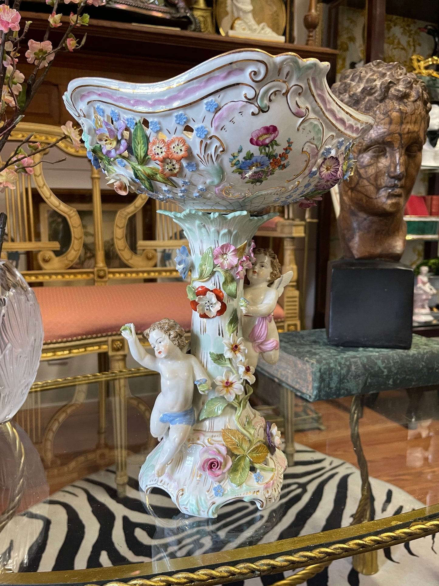 Antique Dresden Sitzendorf Figural Compote | 14” Rococo Cherub Centerpiece with Applied Flowers | c. 1900